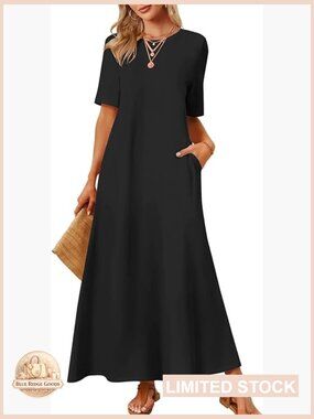 Maxi Dress Casual T-Shirt Style Flowy Swing Hem Side Pockets Maternity Friendly